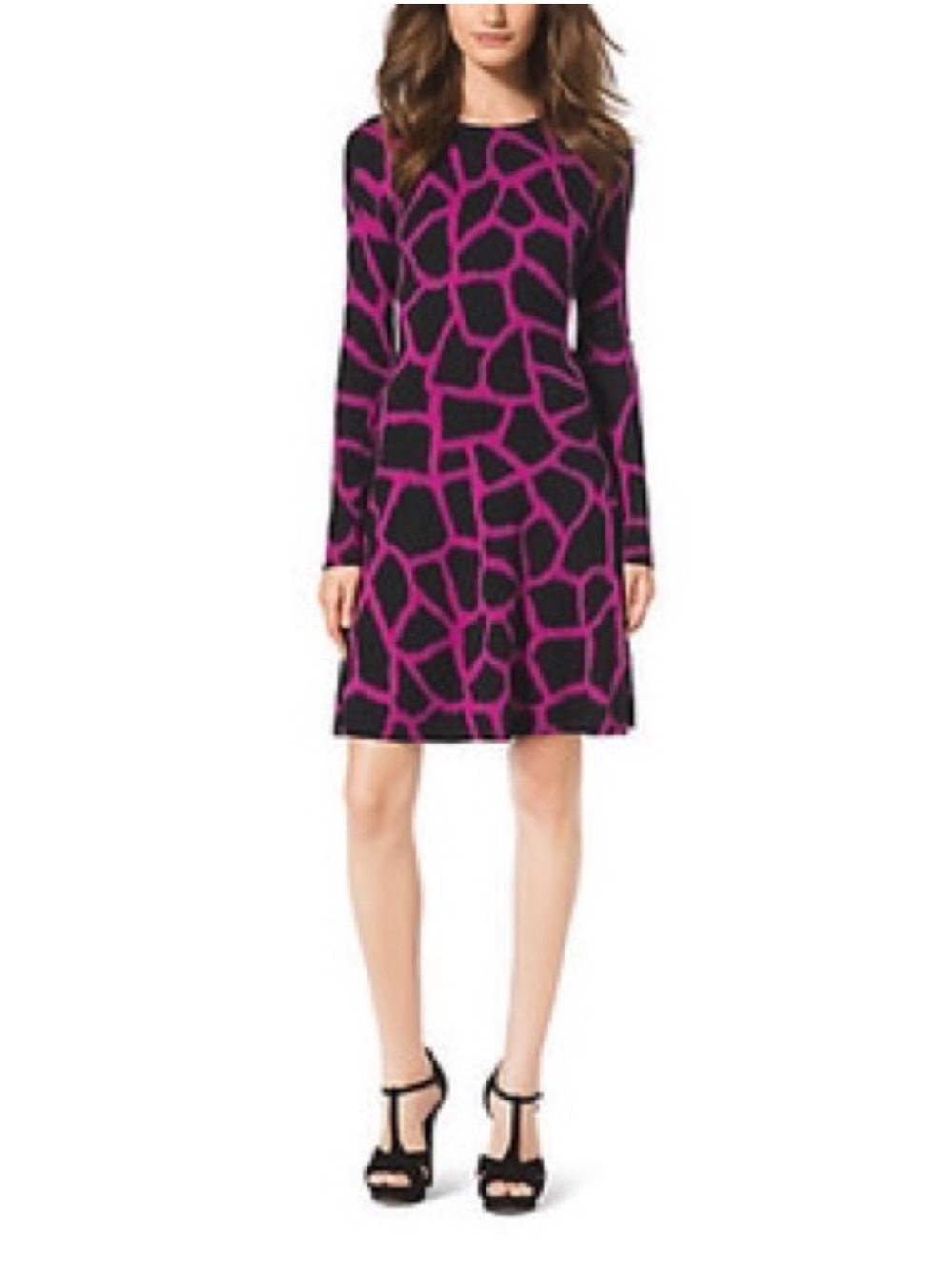 Michael Kors Deep Fuchsia And Black Antalia Giraffe Print Sweater Shift Dress